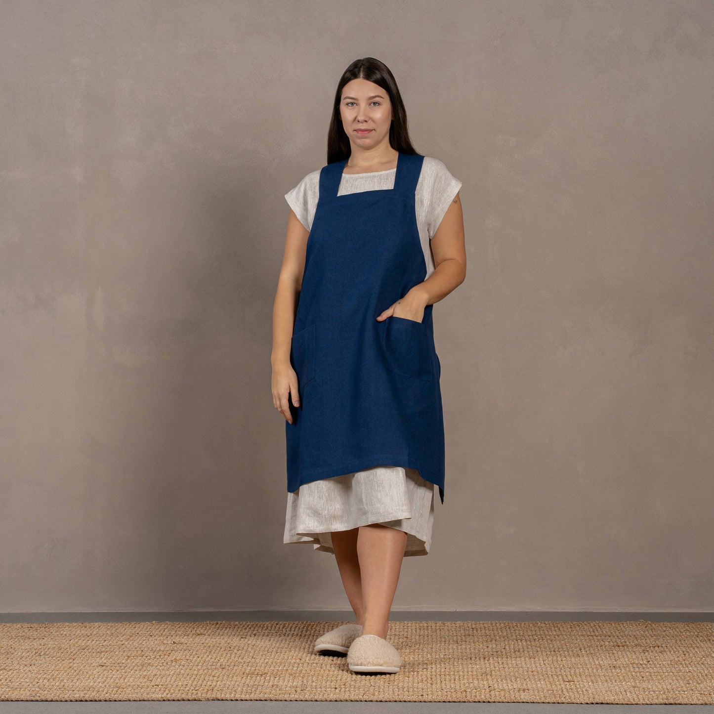 Linen Cross-Back Apron- Storm Blue