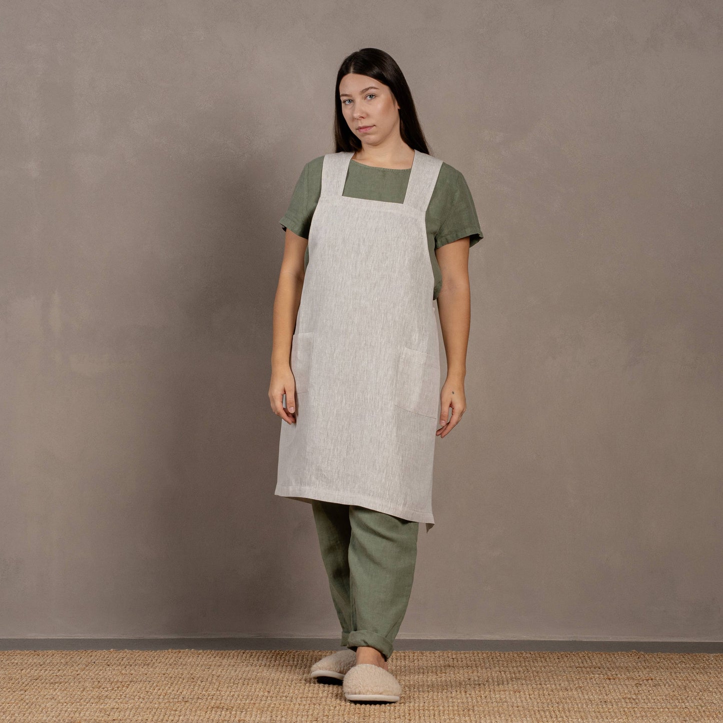 Linen Cross-Back Apron- Stone Green