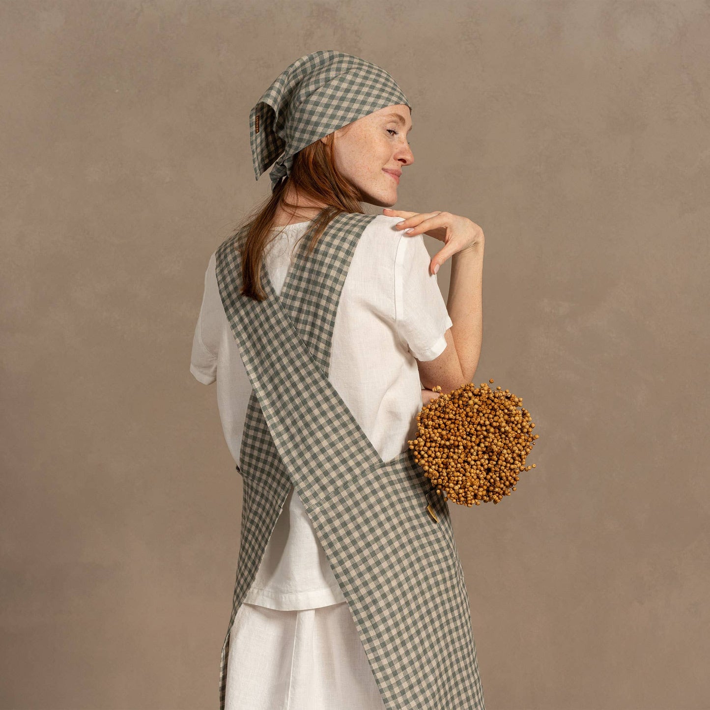 Linen Cross-Back Apron- Green Check