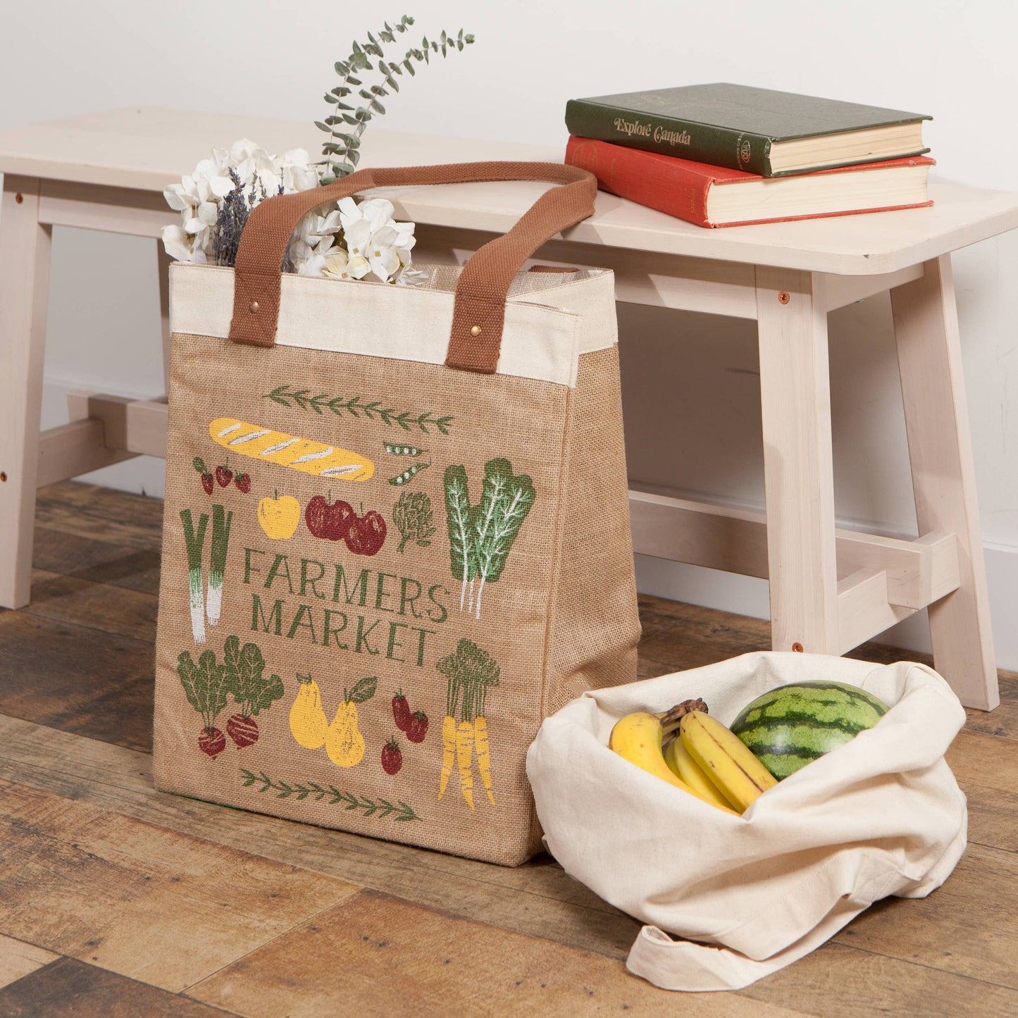 Farmers Market Large Burlap Shopping Bag