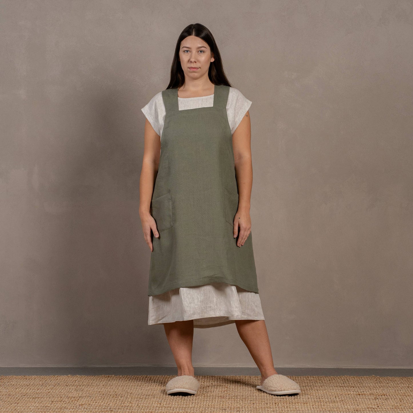 Linen Cross-Back Apron- Stone Green