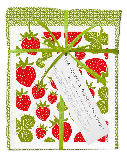 Tea Towel and Swedish Dishcloths Bundle - Strawberries - Green