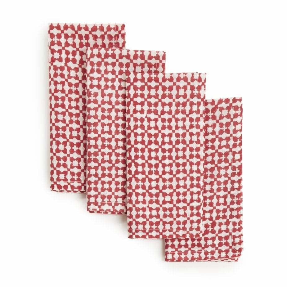Hand Block Printed Napkins, 18" x 18" Set of 4 - Cheery Red