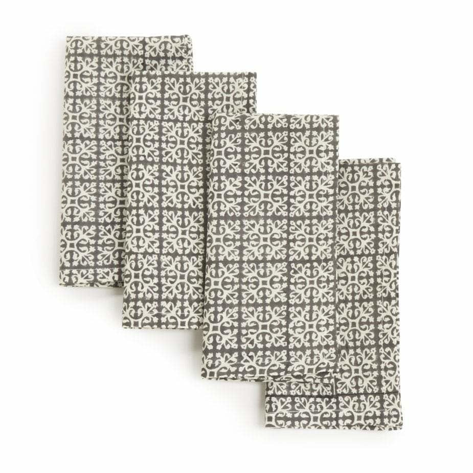 Hand Block Printed Napkins, 18" x 18" Set of 4 - Dove Grey