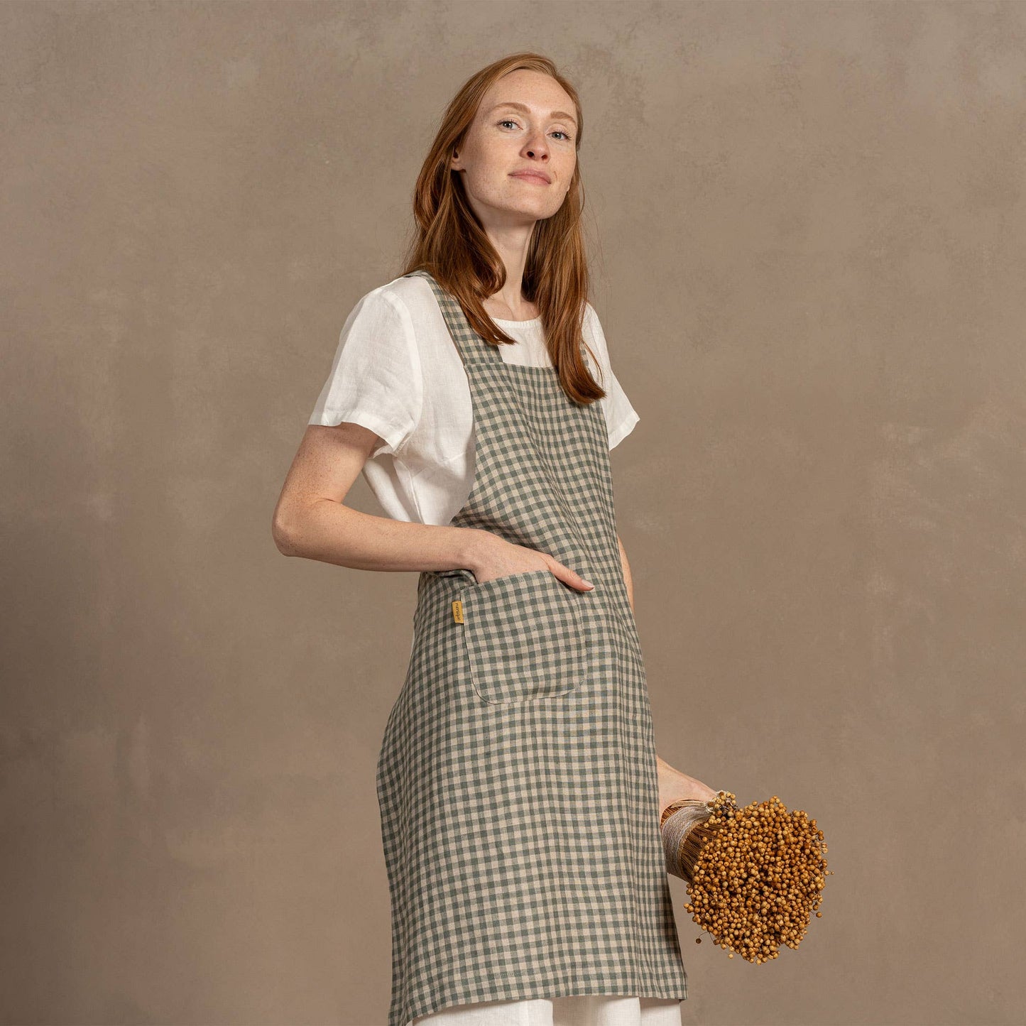 Linen Cross-Back Apron- Green Check