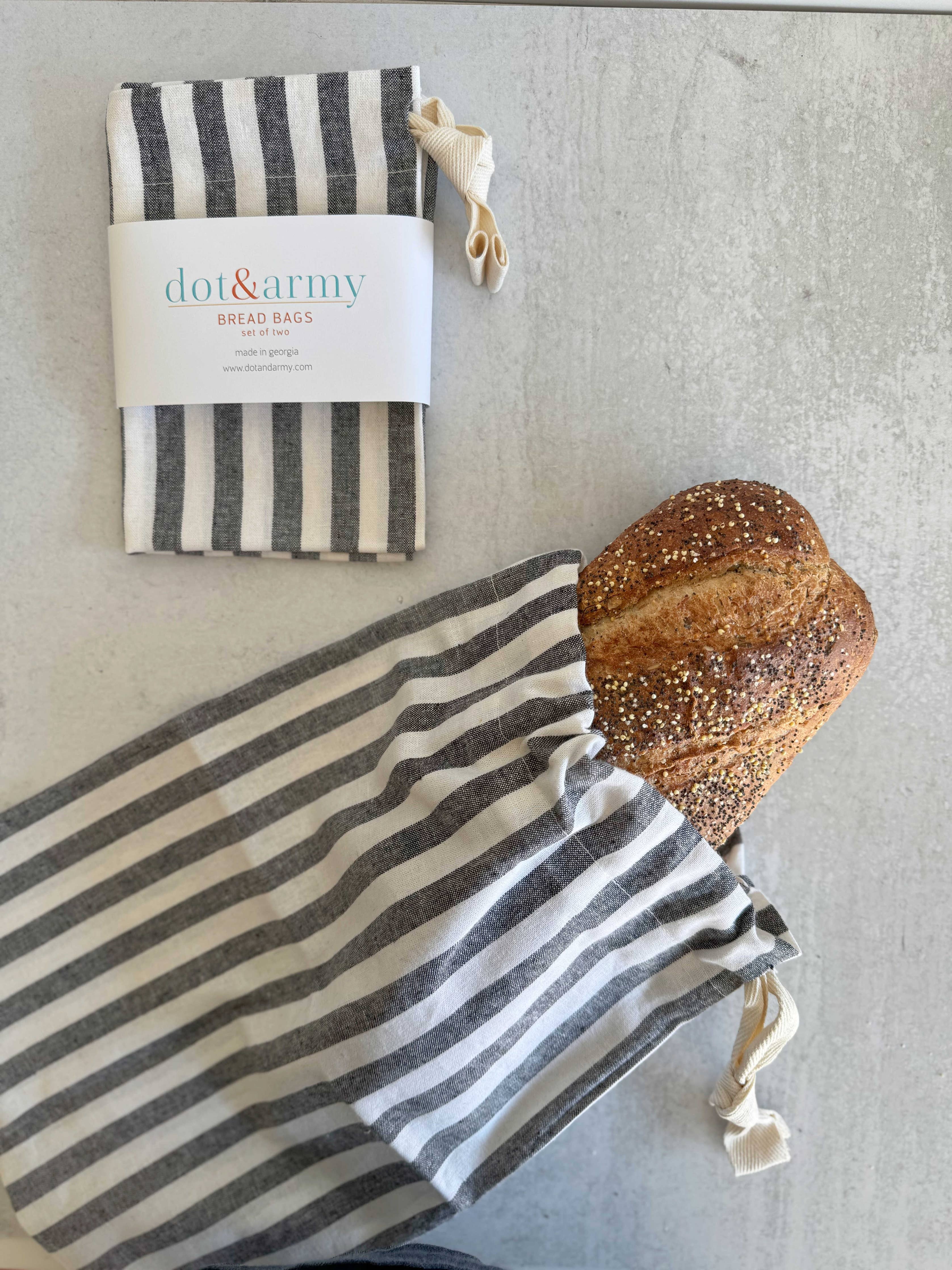 Black Stripe Linen Bread Bags, set of two