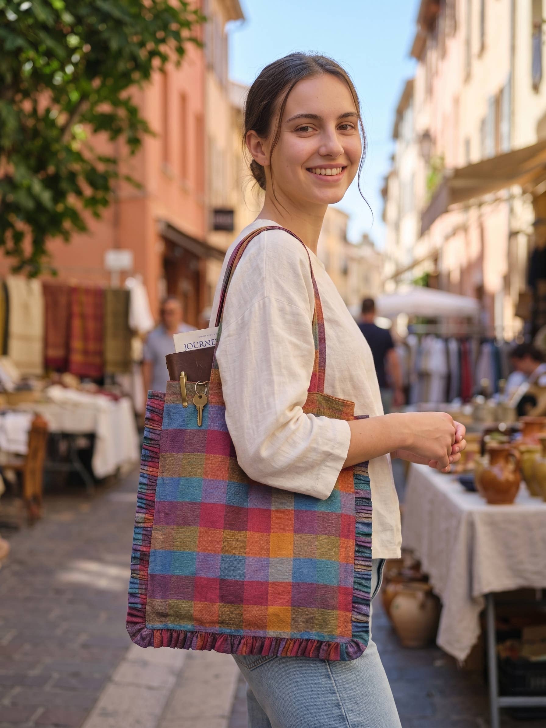 Madras Check Ruffle Tote Bag