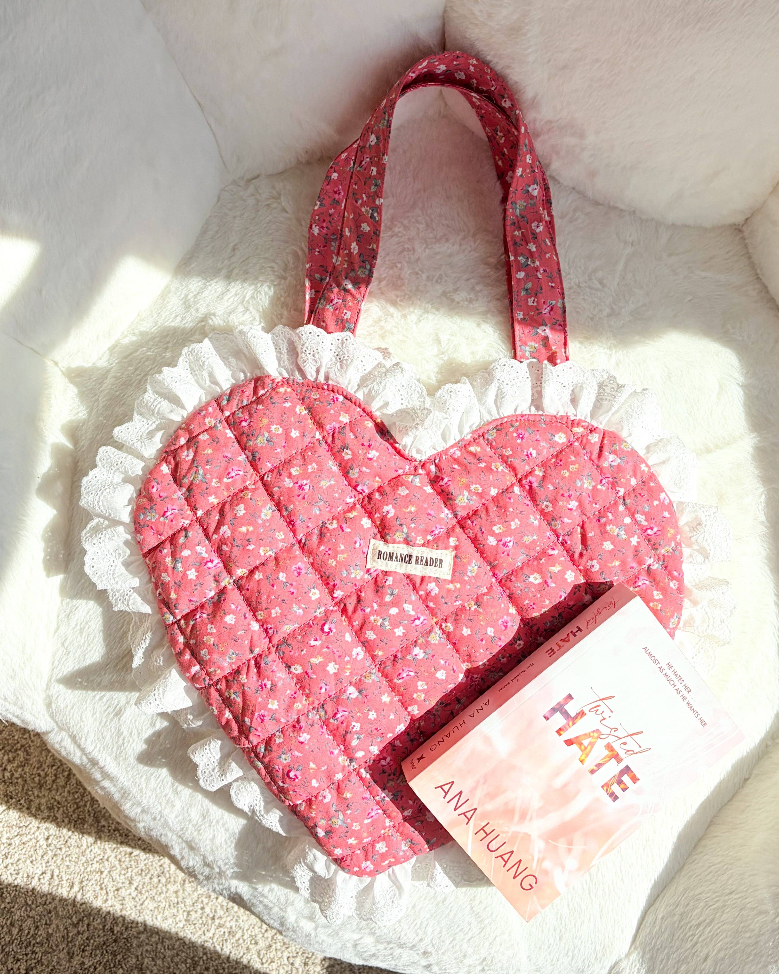 Romance Reader Red Quilted Heart Tote Bag with Ruffled Lace Trimming