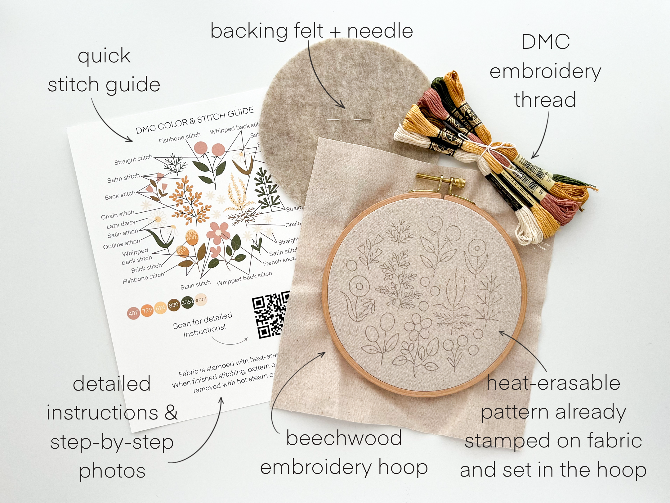 Floral Embroidery DIY Kit, modern embroidery craft kit