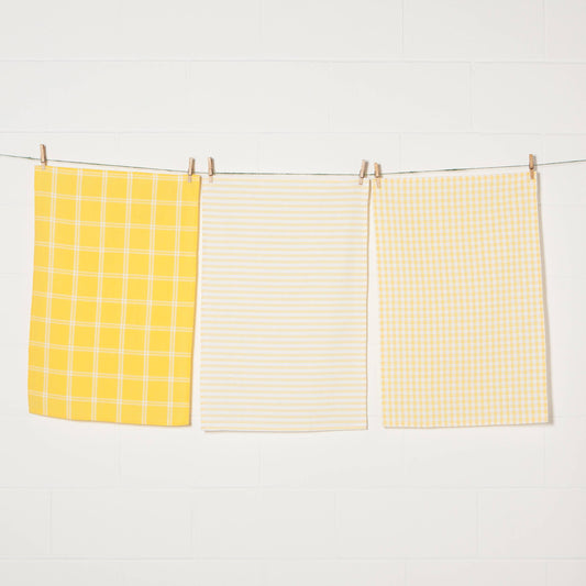 Tic Tac Toe Lemon Yellow Dishtowels Set of 3