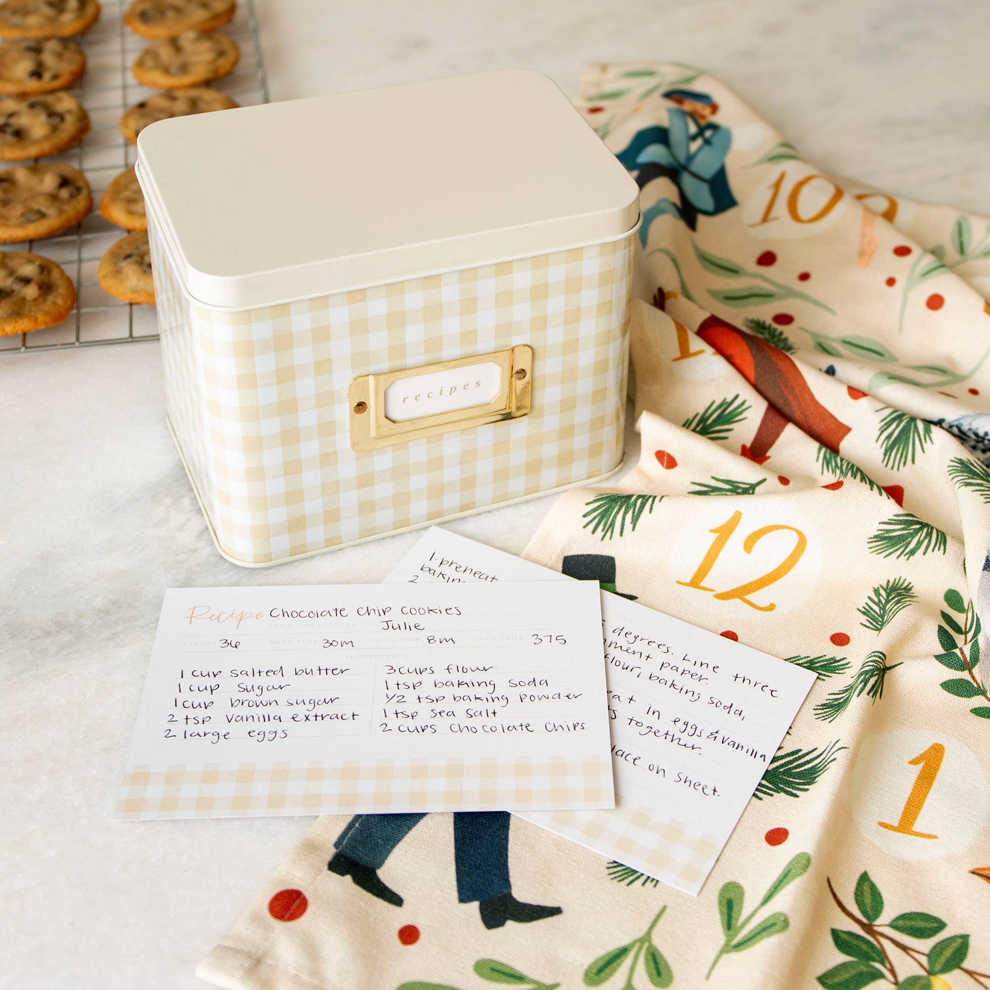 Beige Gingham Tin Recipe Box