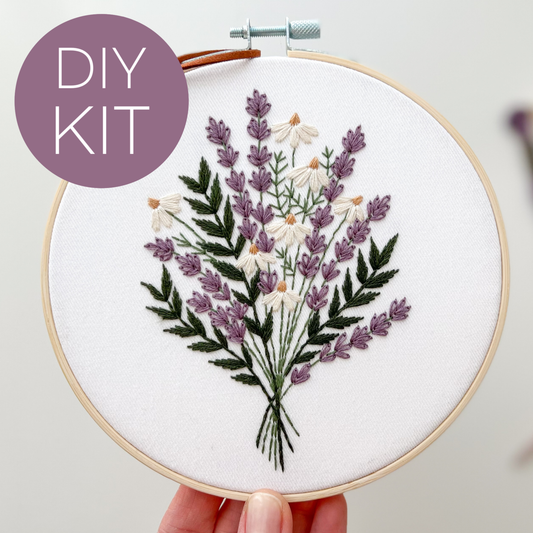 Lavender and daisies embroidery kit, floral embroidery Kit