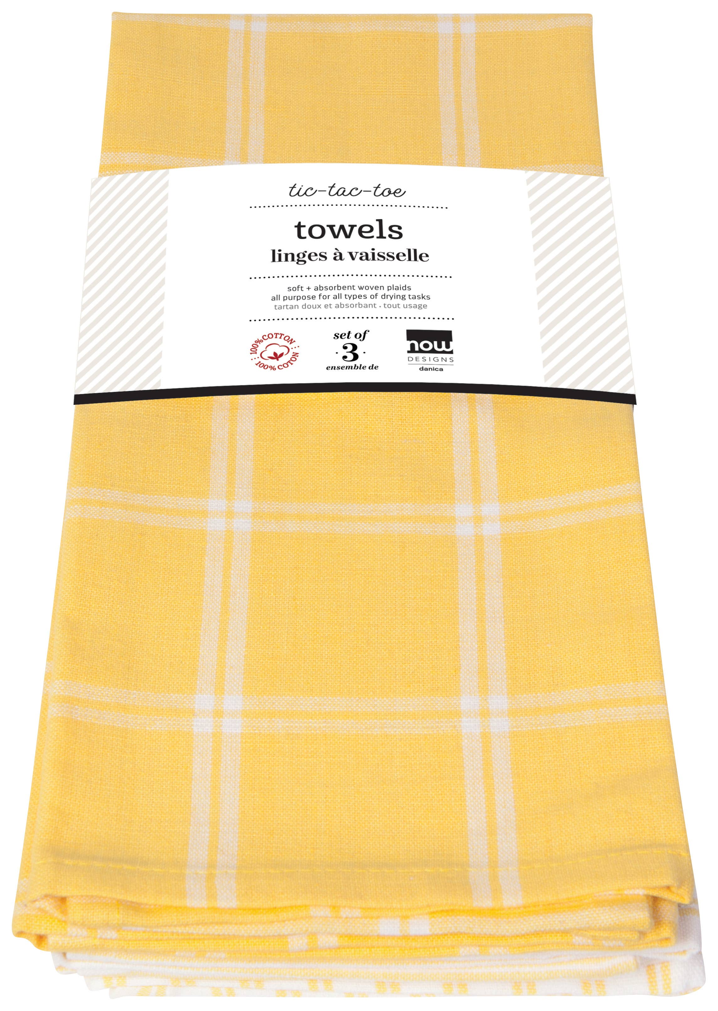 Tic Tac Toe Lemon Yellow Dishtowels Set of 3