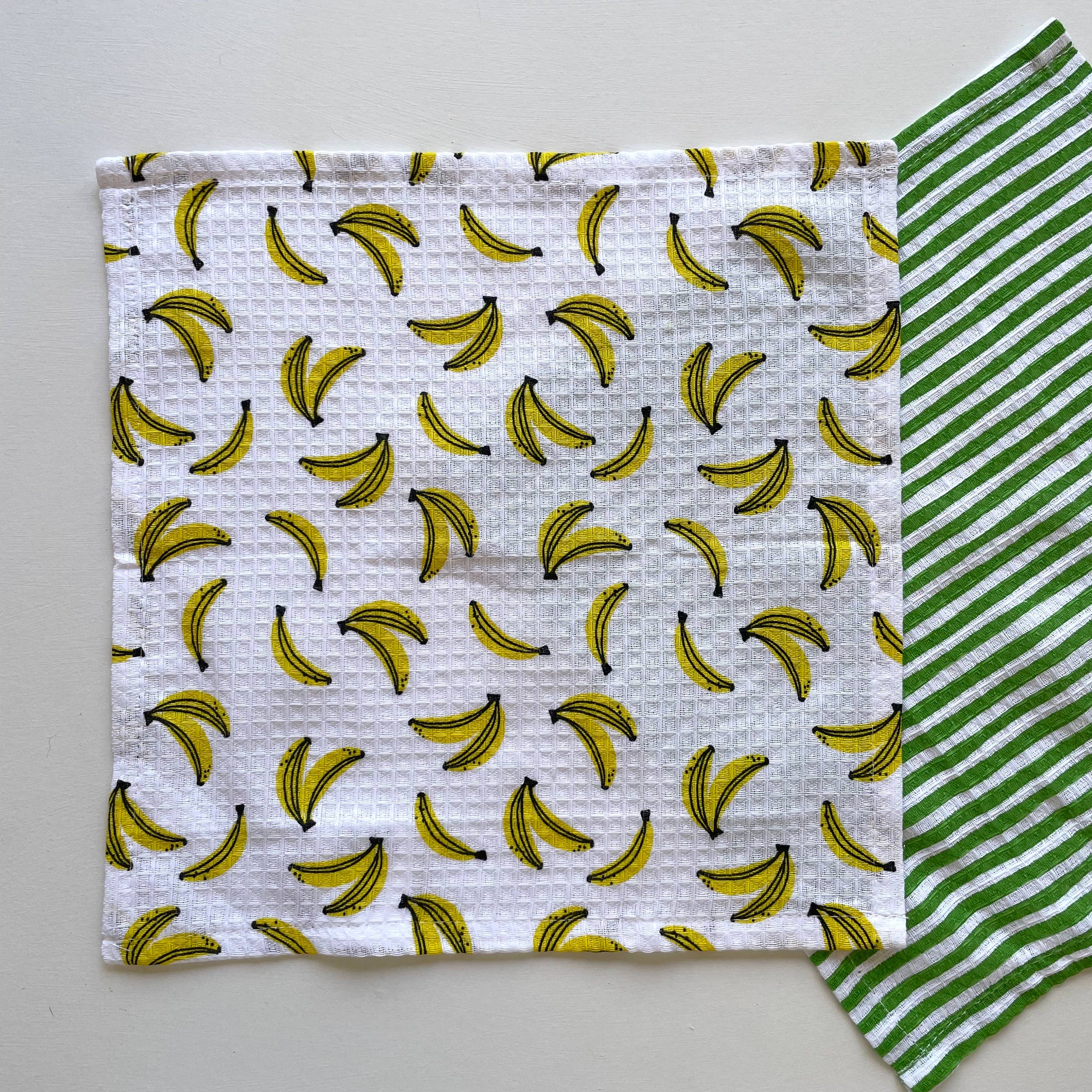 100% cotton banana and stripe kitchen dishcloths - set of 2