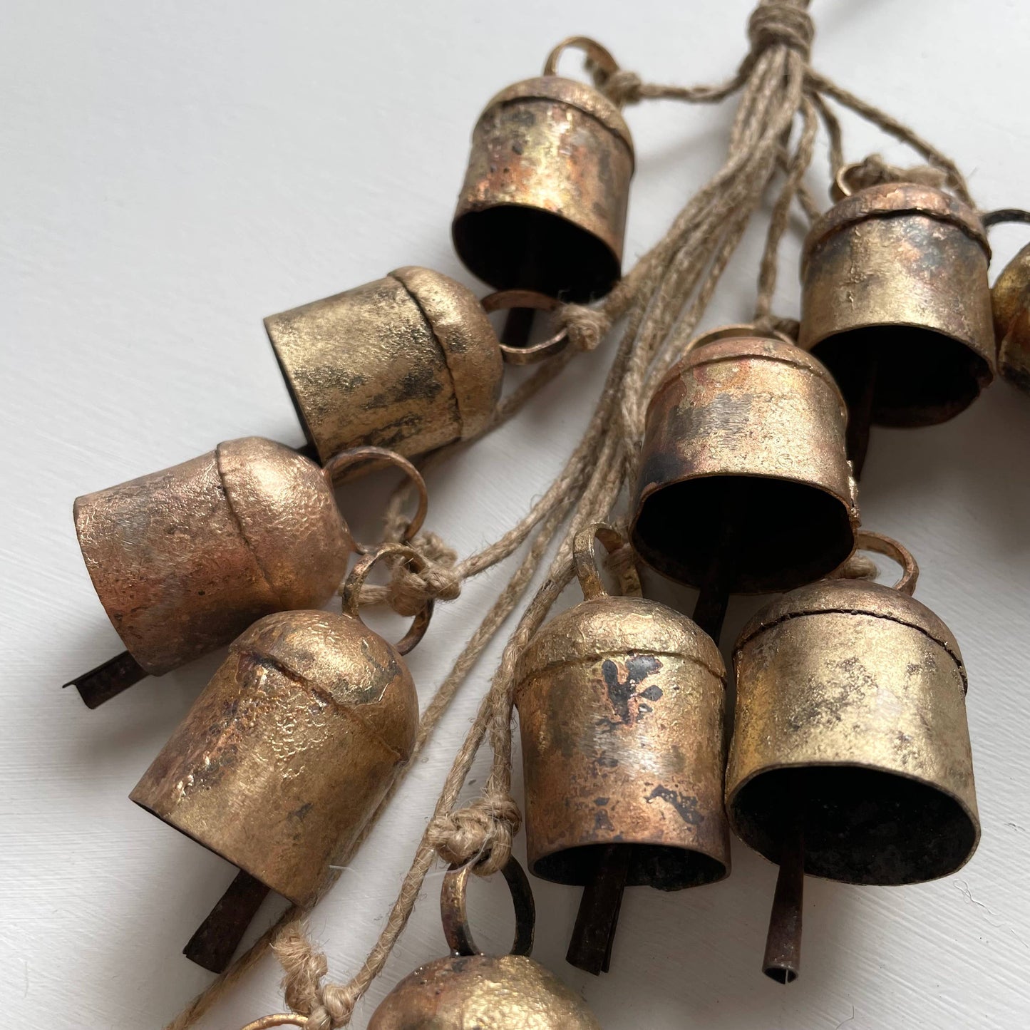Rustic Tin Brass Cow Bell Clustered Hanging Garland on Jute