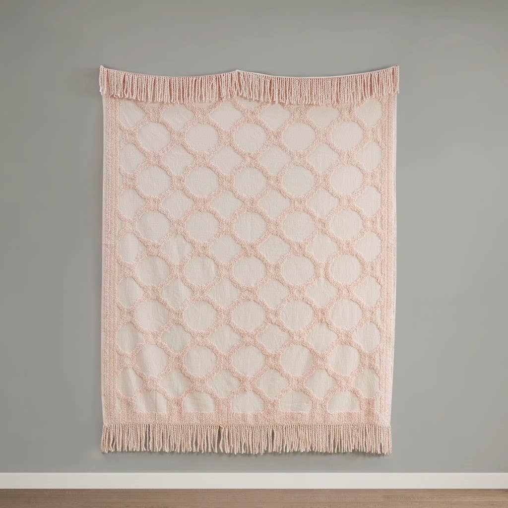 Fringed Tufted Throw Blanket, Moroccan Geometric, Pink