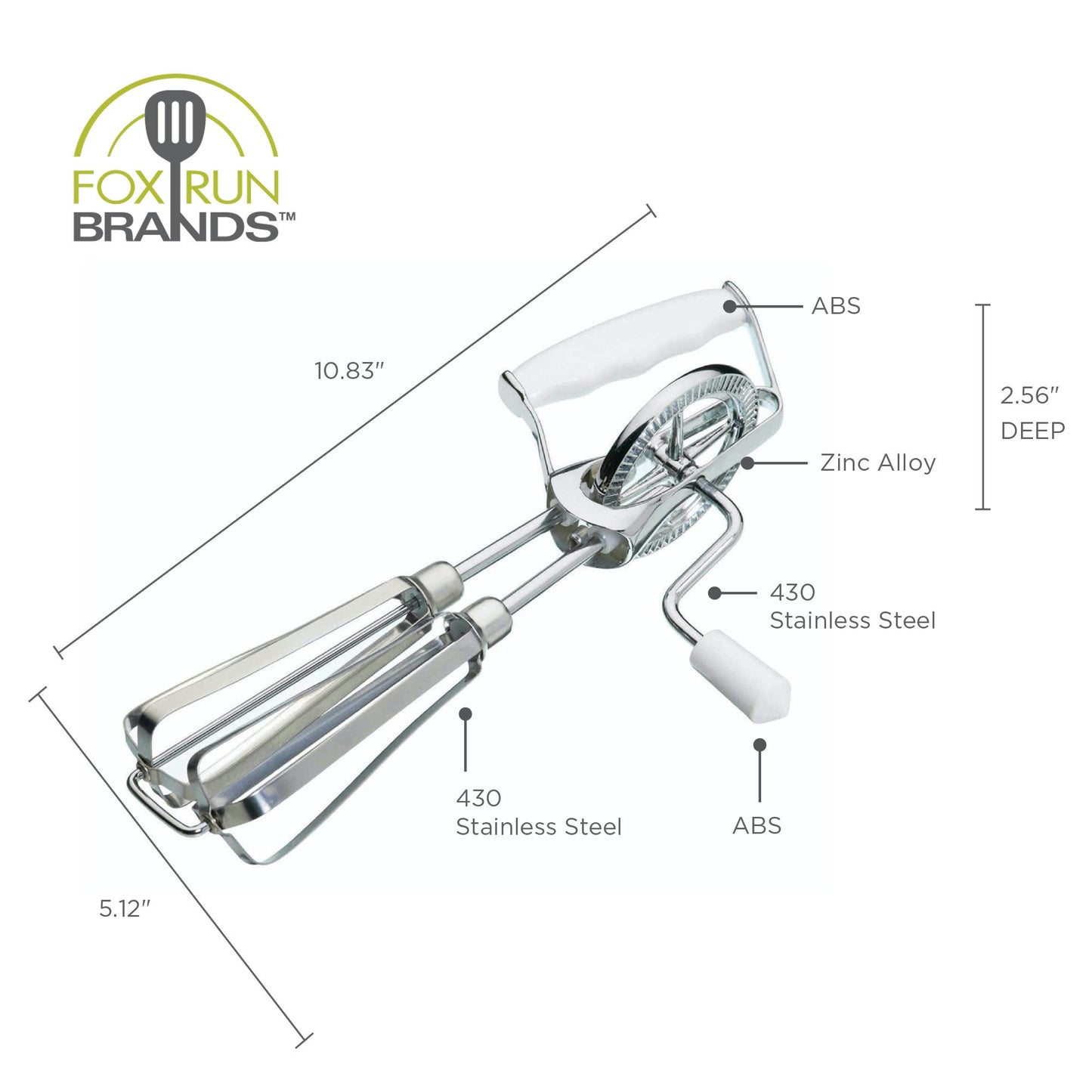 Fox Run Stainless Steel Manual Hand Mixer, White, 10" x 5"