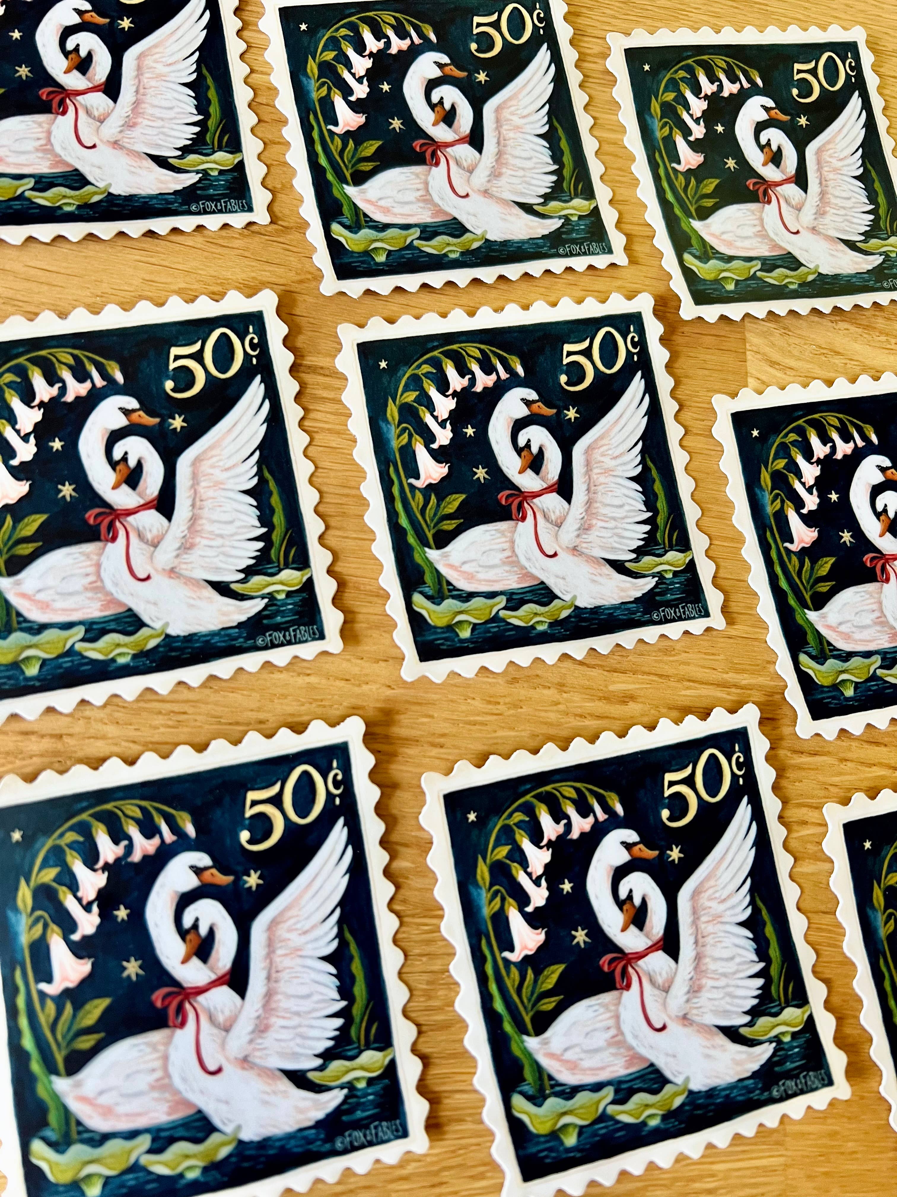Swan Stamp Magical Night Scene Sticker