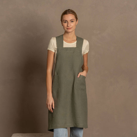 Linen Cross-Back Apron- Stone Green