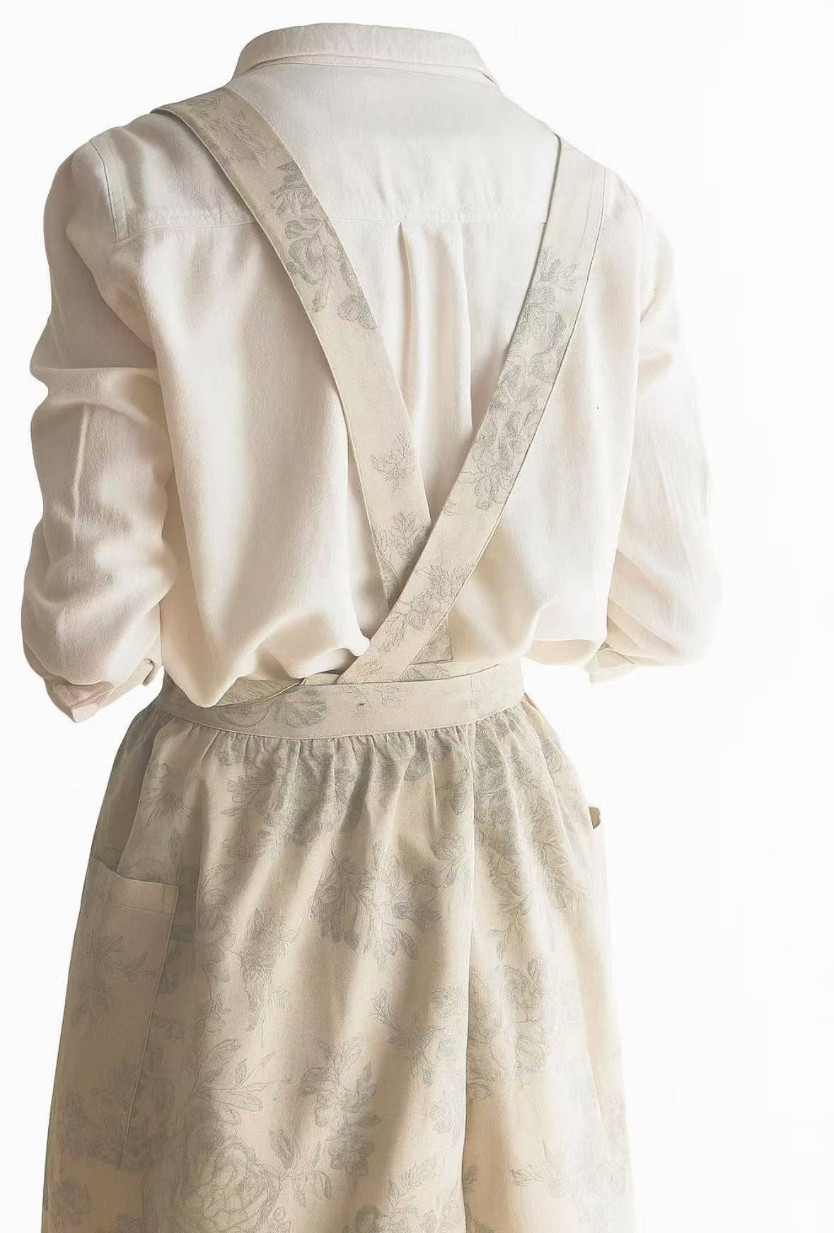 Linen Floral Apron- Light Grey