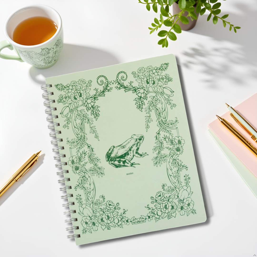 Frog Toile Spiral Notebook, 8x10 Stationary Journal