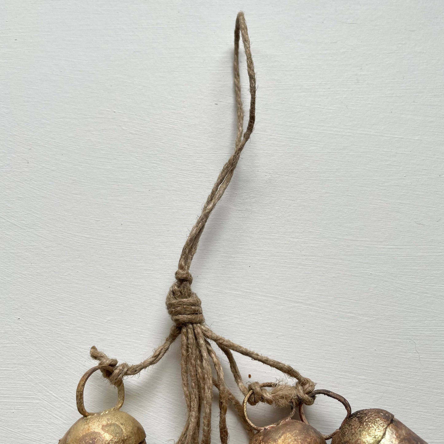 Rustic Tin Brass Cow Bell Clustered Hanging Garland on Jute