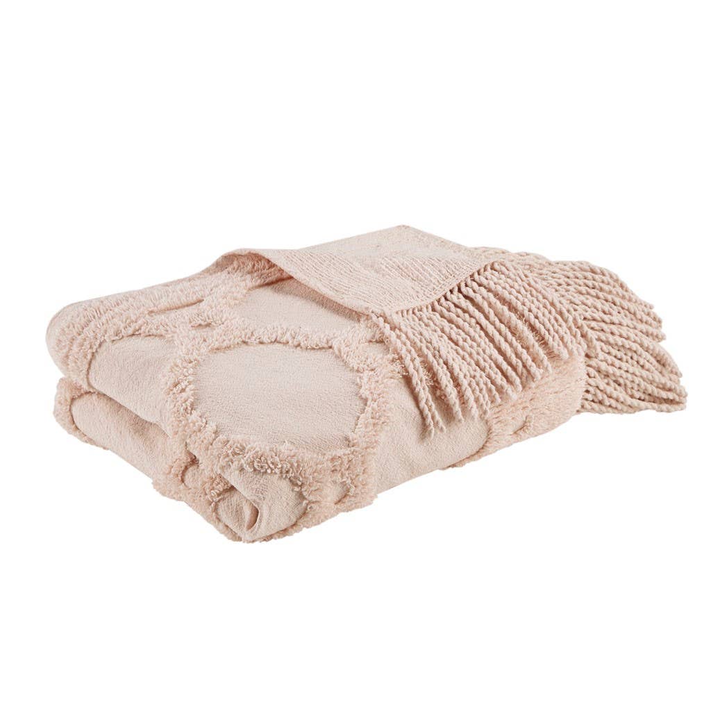 Fringed Tufted Throw Blanket, Moroccan Geometric, Pink