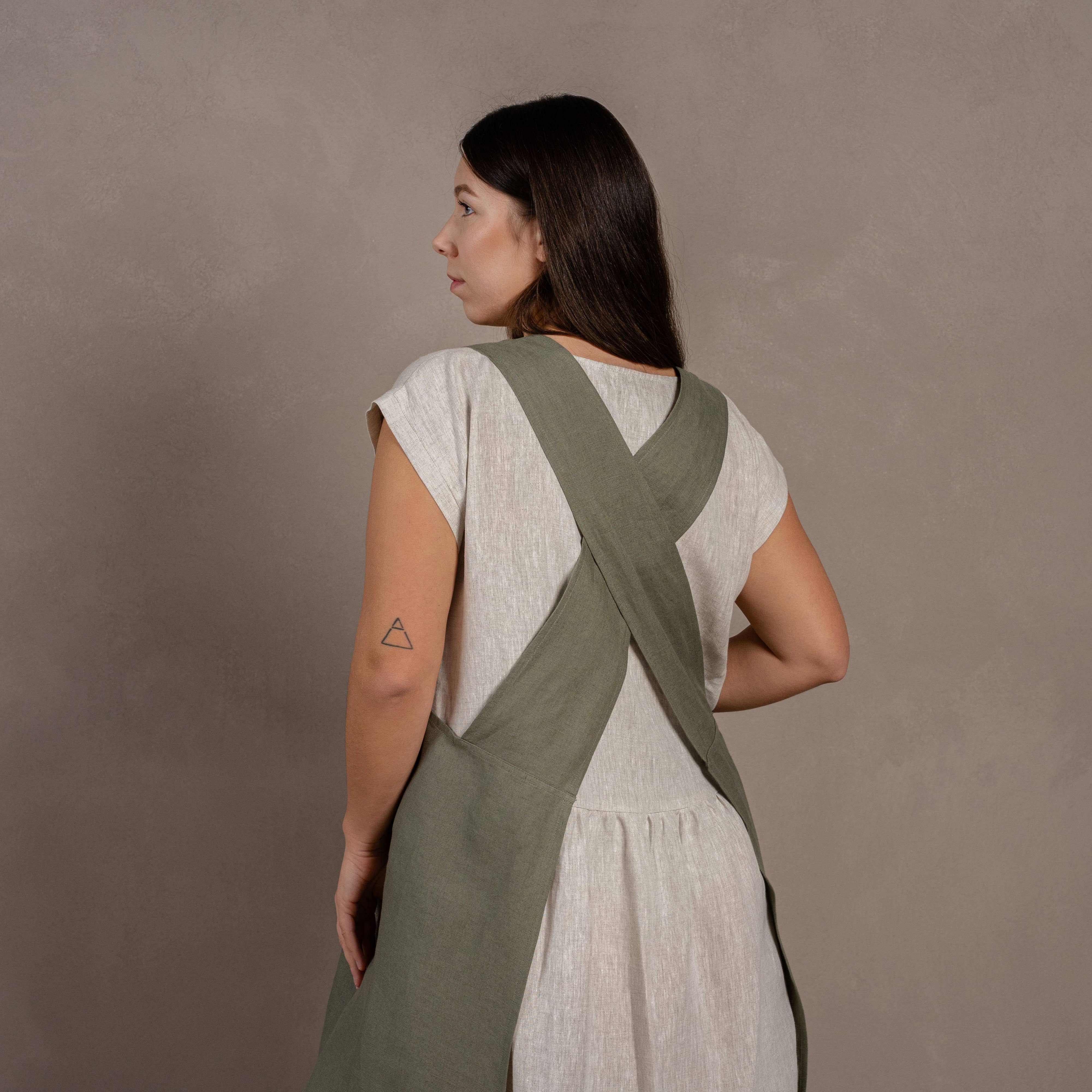 Linen Cross-Back Apron / Stone Green- S/M