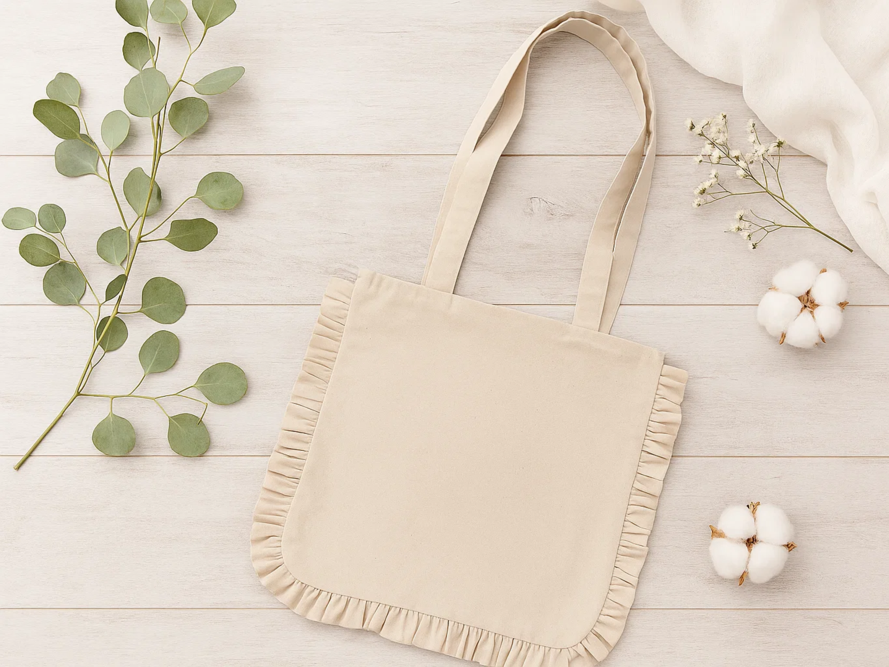 Canvas Ruffle Tote Bag: Natural