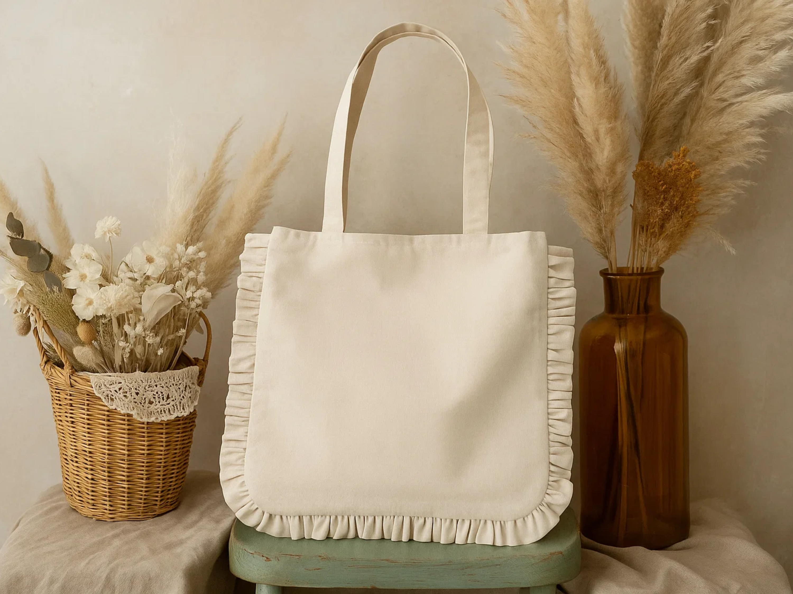 Canvas Ruffle Tote Bag: Natural