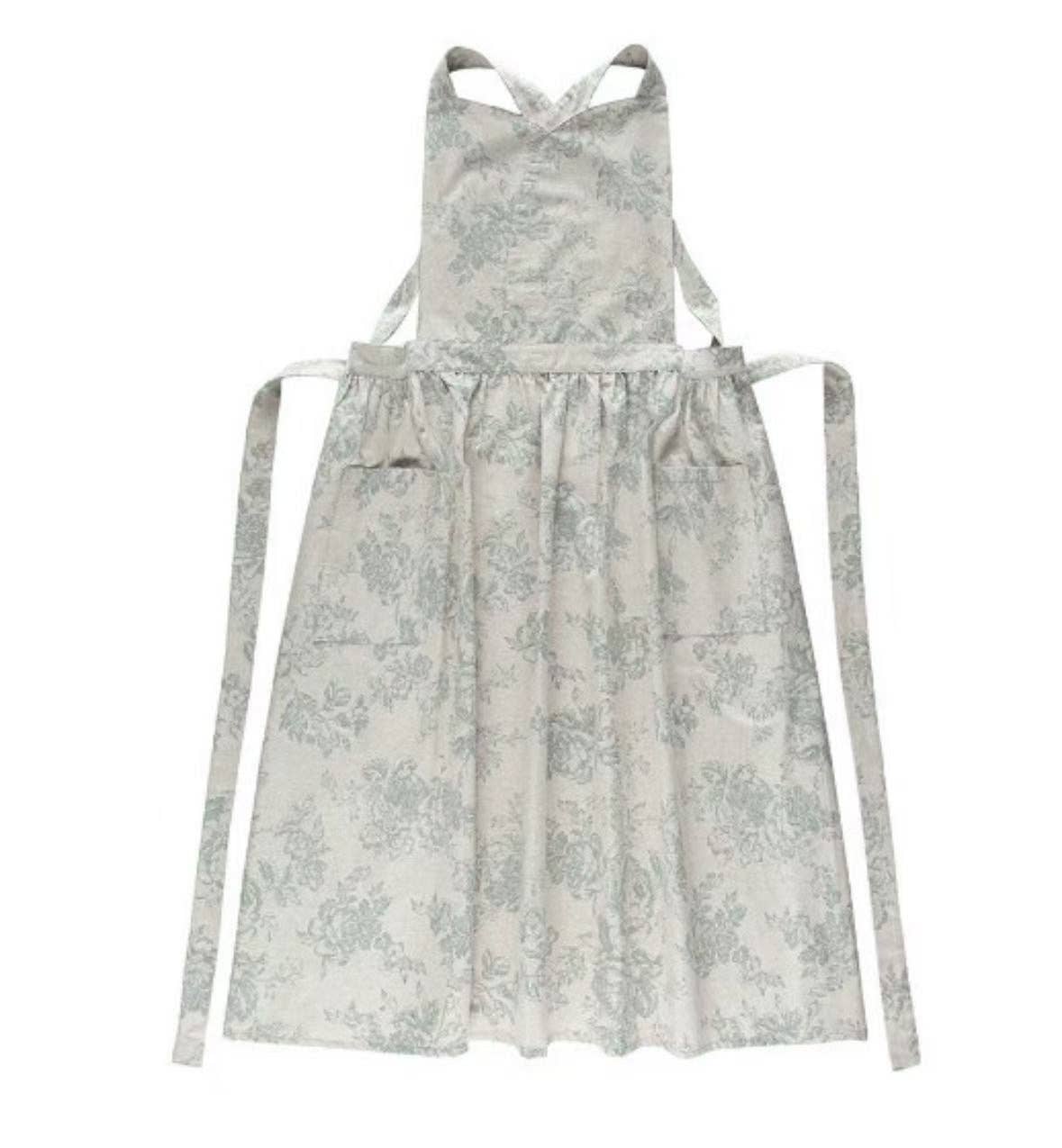 Linen Floral Apron- Light Grey