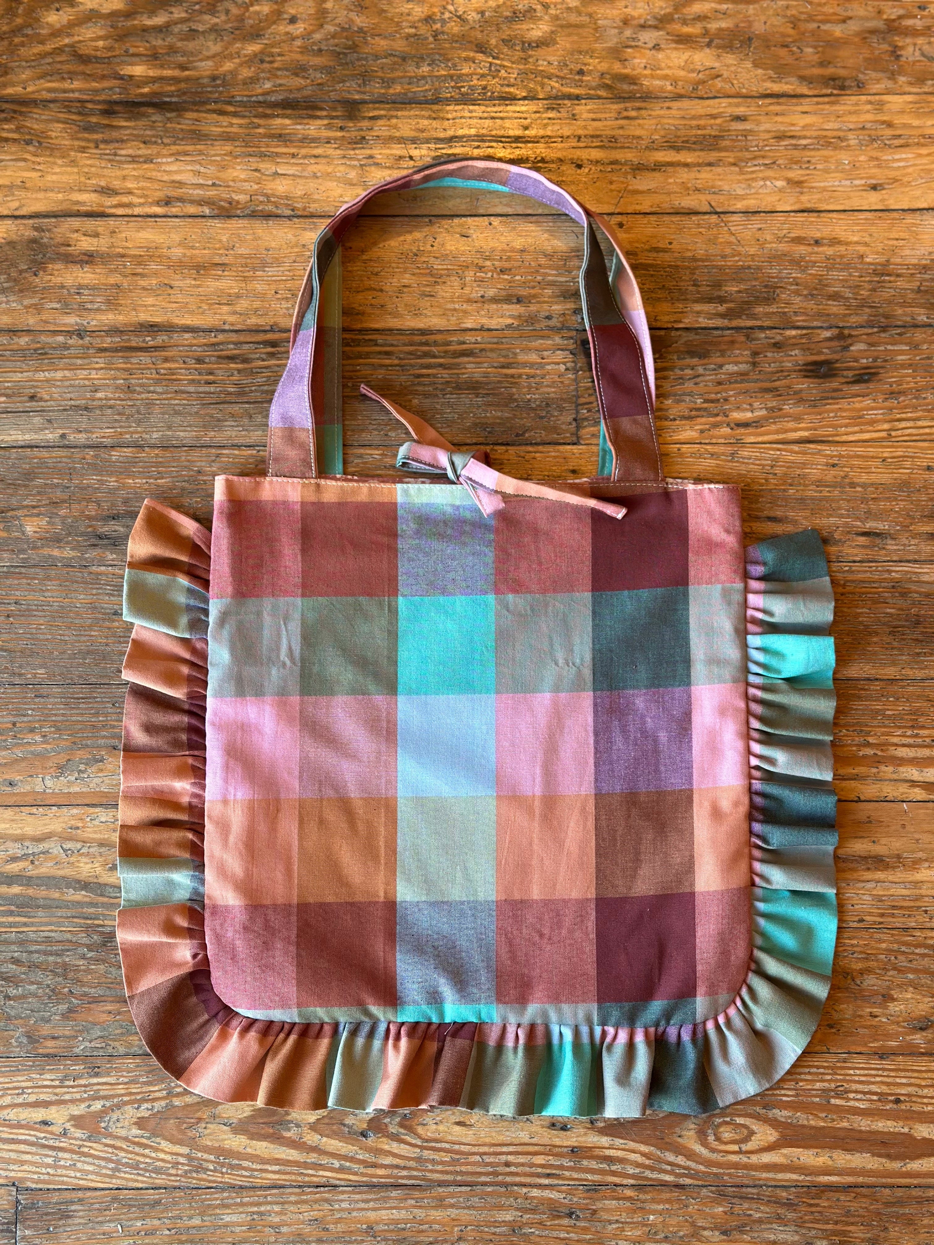 Muted Rainbow Check Ruffle Tote Bag