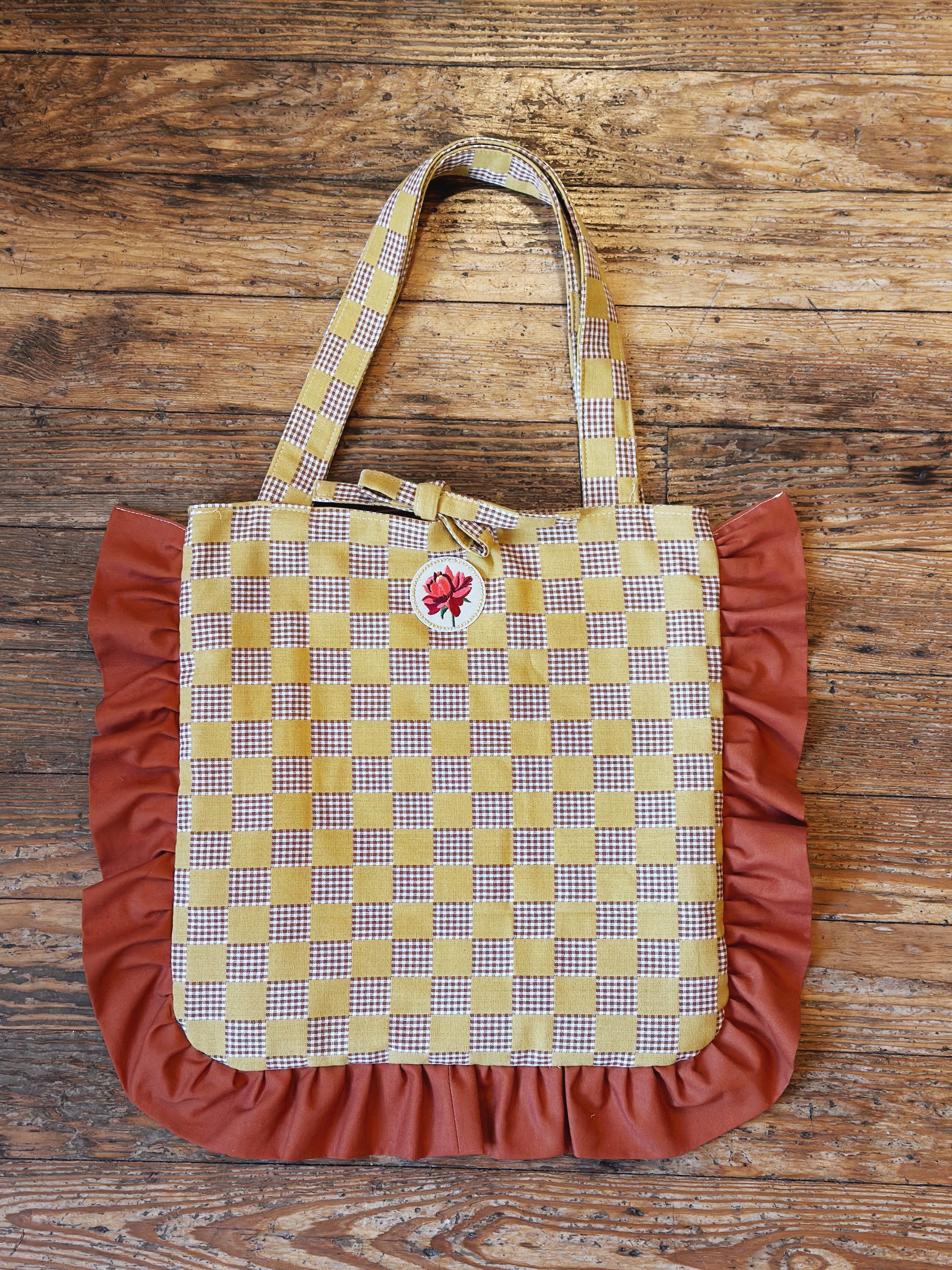 Yellow/Rust Check Ruffle Tote Bag