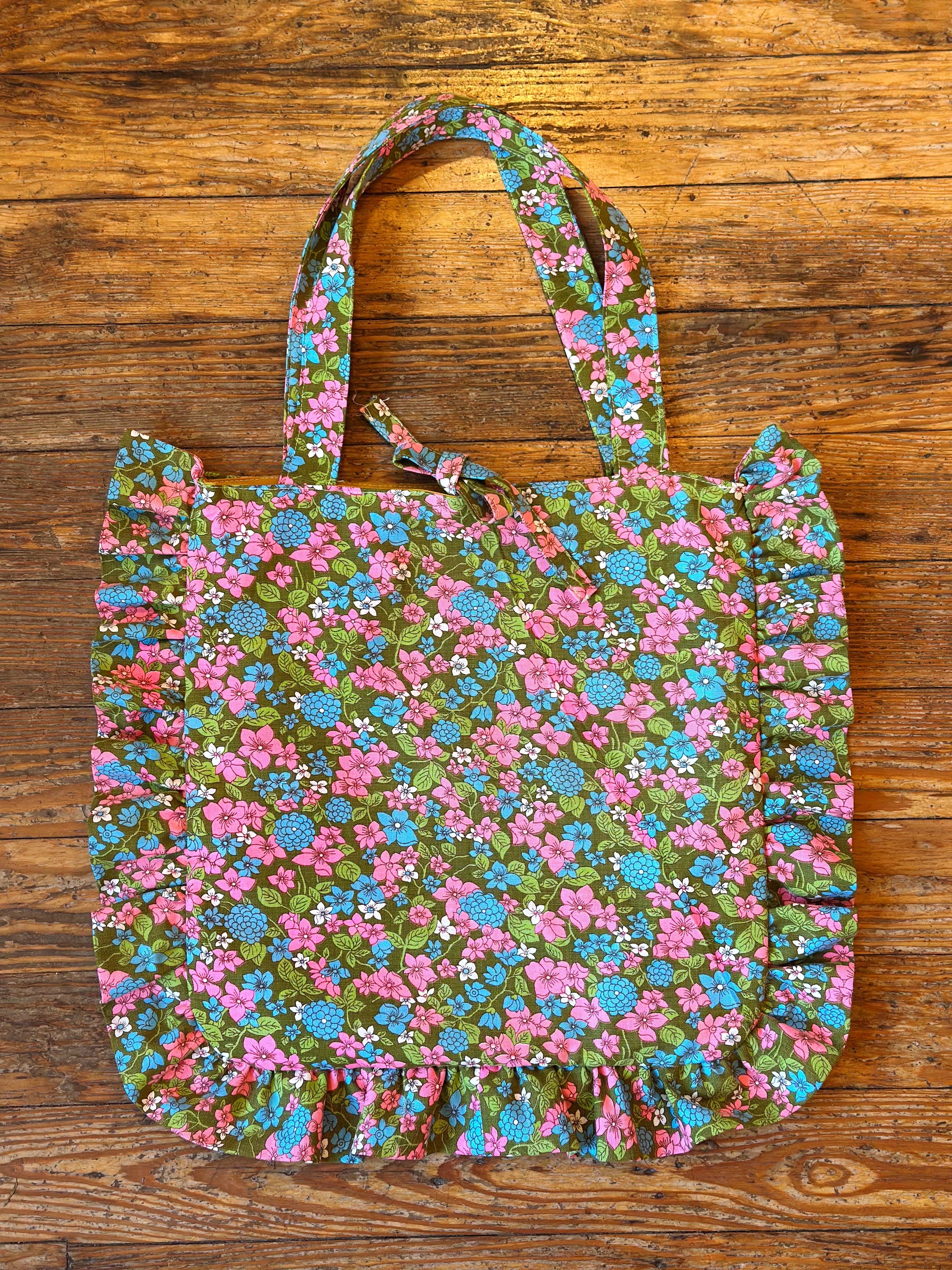 Vintage Floral Ruffle Tote Bag