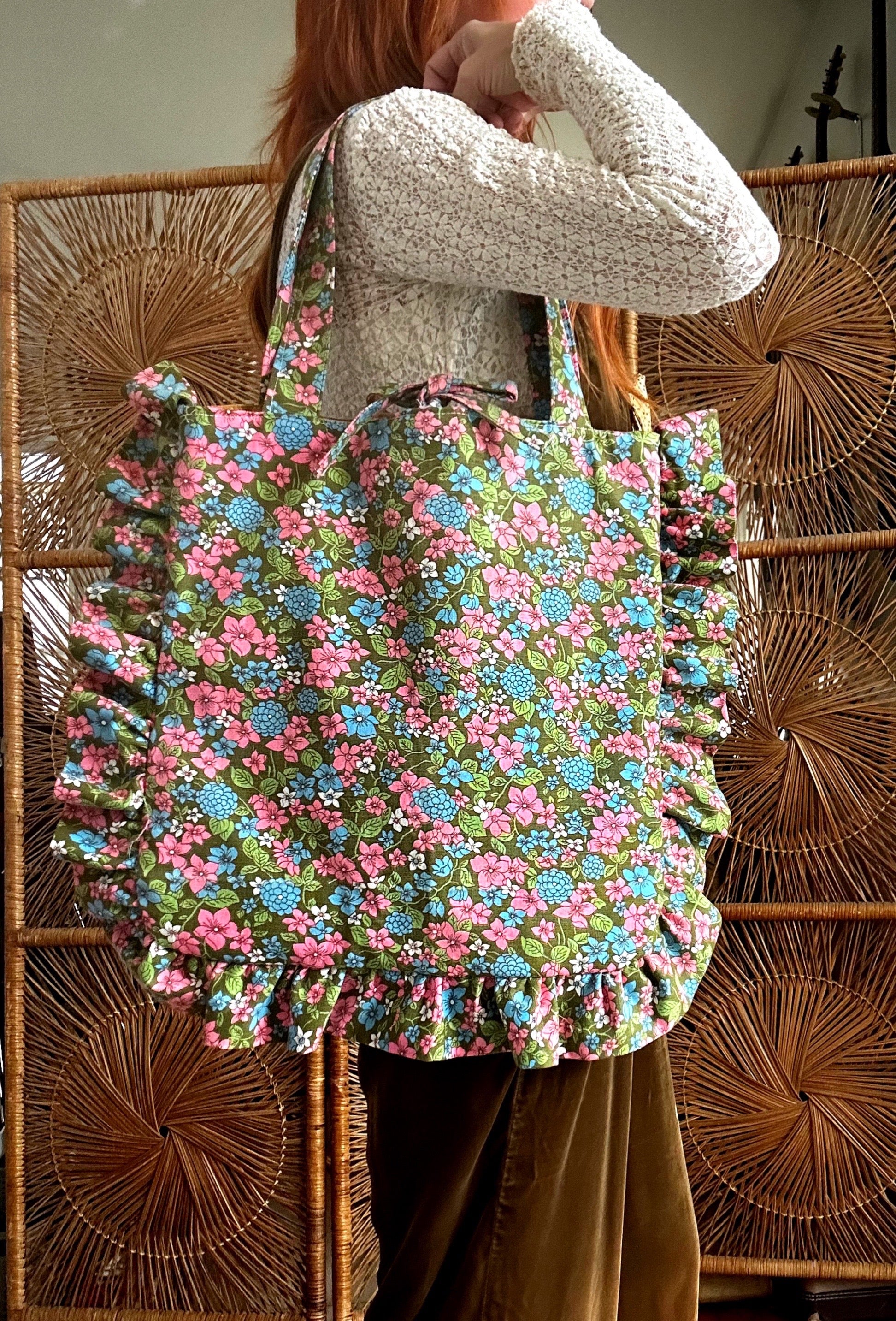 Vintage Floral Ruffle Tote Bag