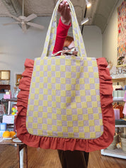 Yellow/Rust Check Ruffle Tote Bag