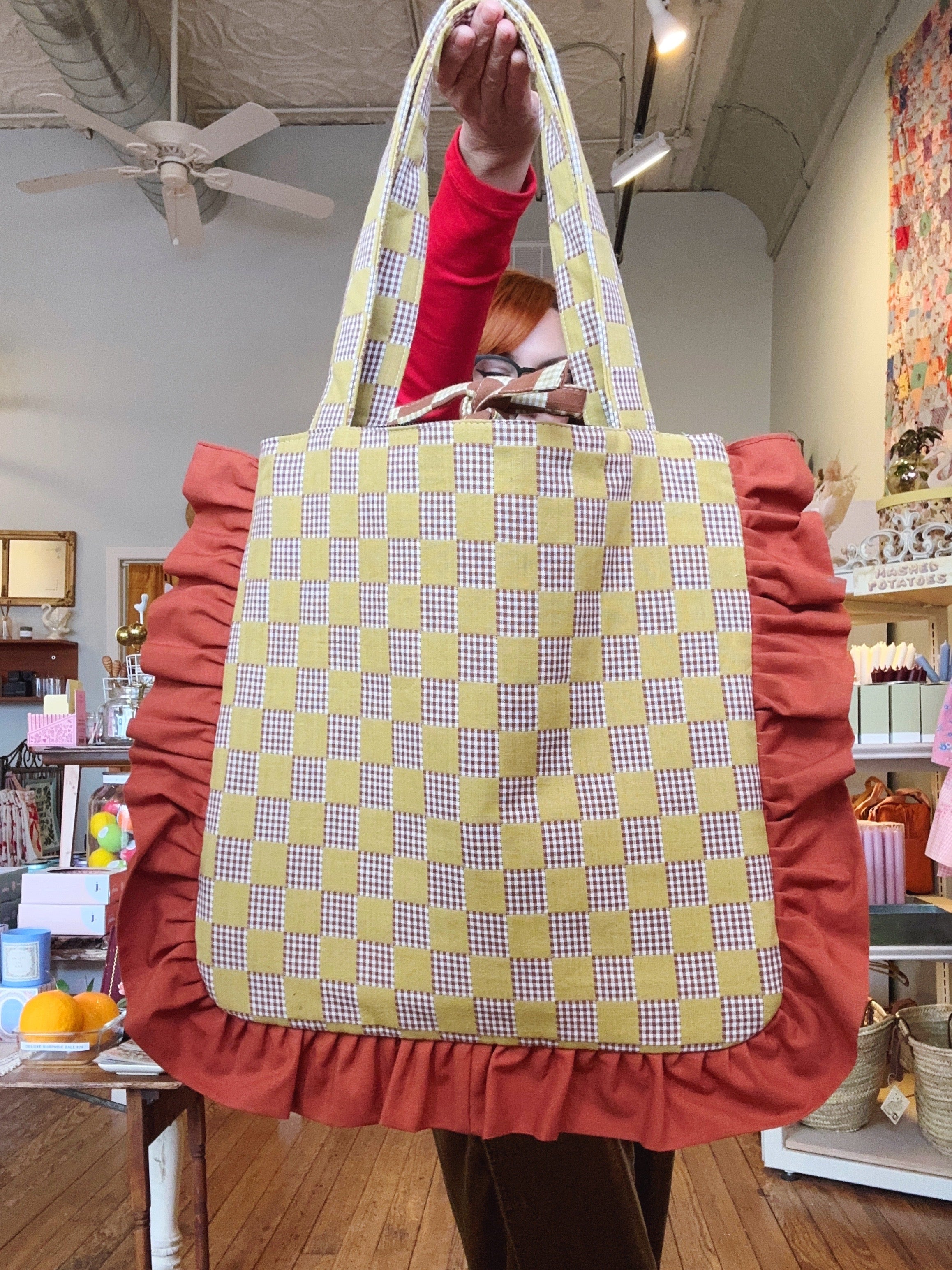 Yellow/Rust Check Ruffle Tote Bag
