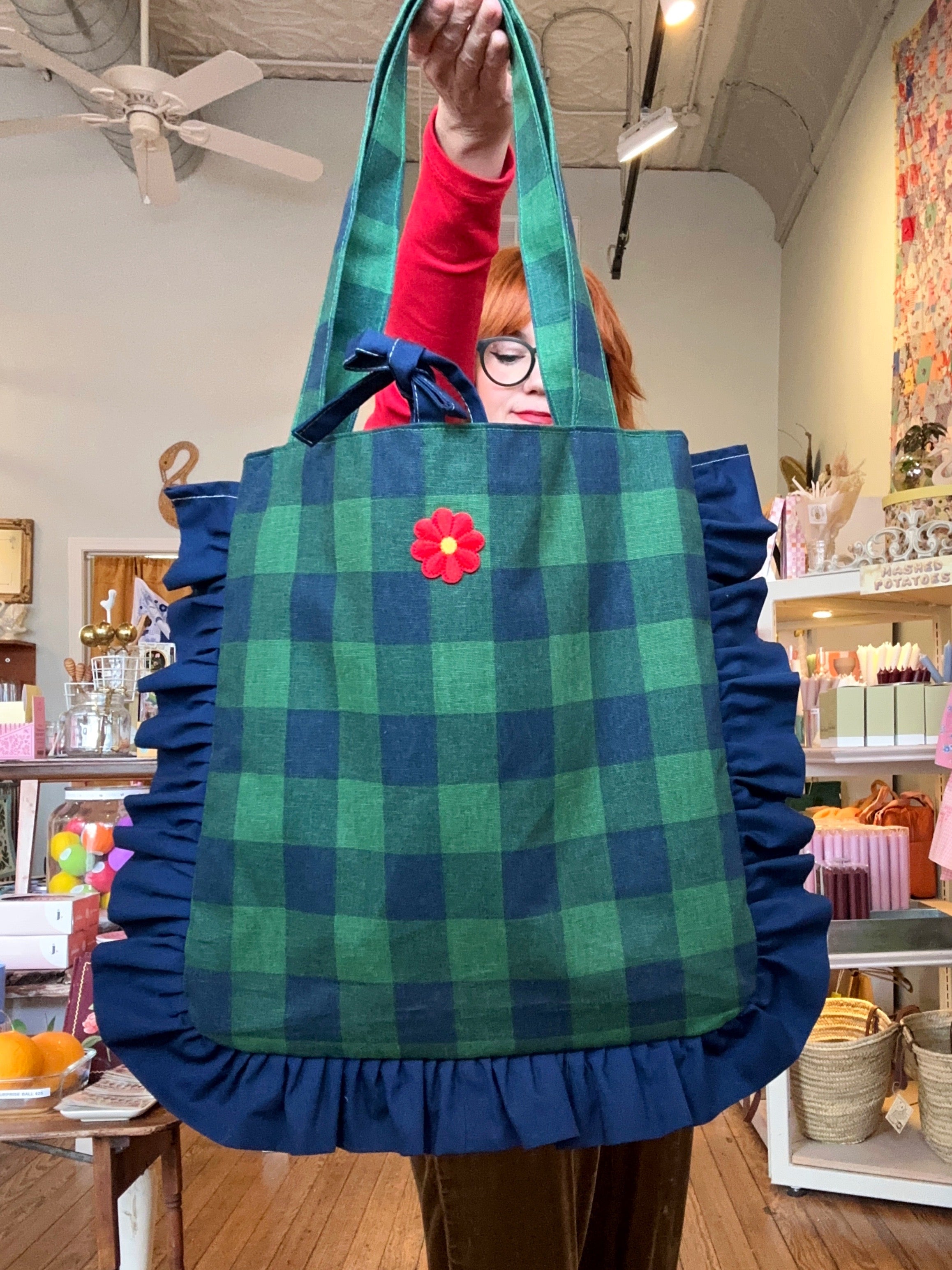 Green and Navy Check (with Patch) Ruffle Tote Bag