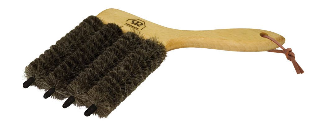 Burstenhaus Redecker Goat Hair Blind Brush- 4 rows of dark bristles on an oiled handle with a leather hanging loop.