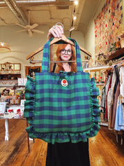 Blue/Green Check Ruffle Tote Bag