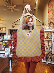 Yellow/Rust Check Ruffle Tote Bag