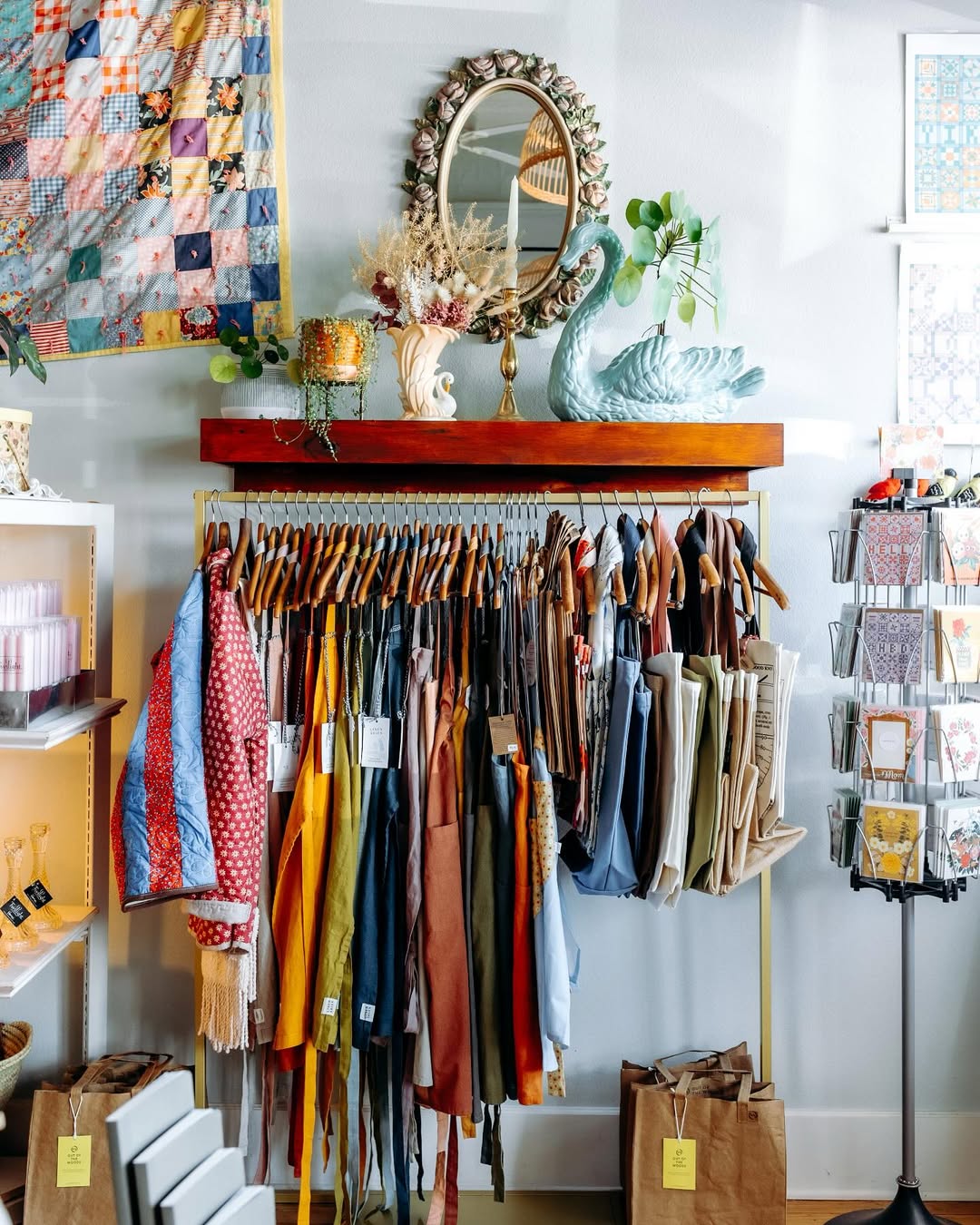 Image of Springfield Mercantile Co. interior showing aprons, greeting cards and other home goods on the about page. 

Keywords: Springfield Mercantile Co., About Us, Peek Into Our Shop, Home Goods, aprons greeting cards and home goods image, online shop, Shopify
