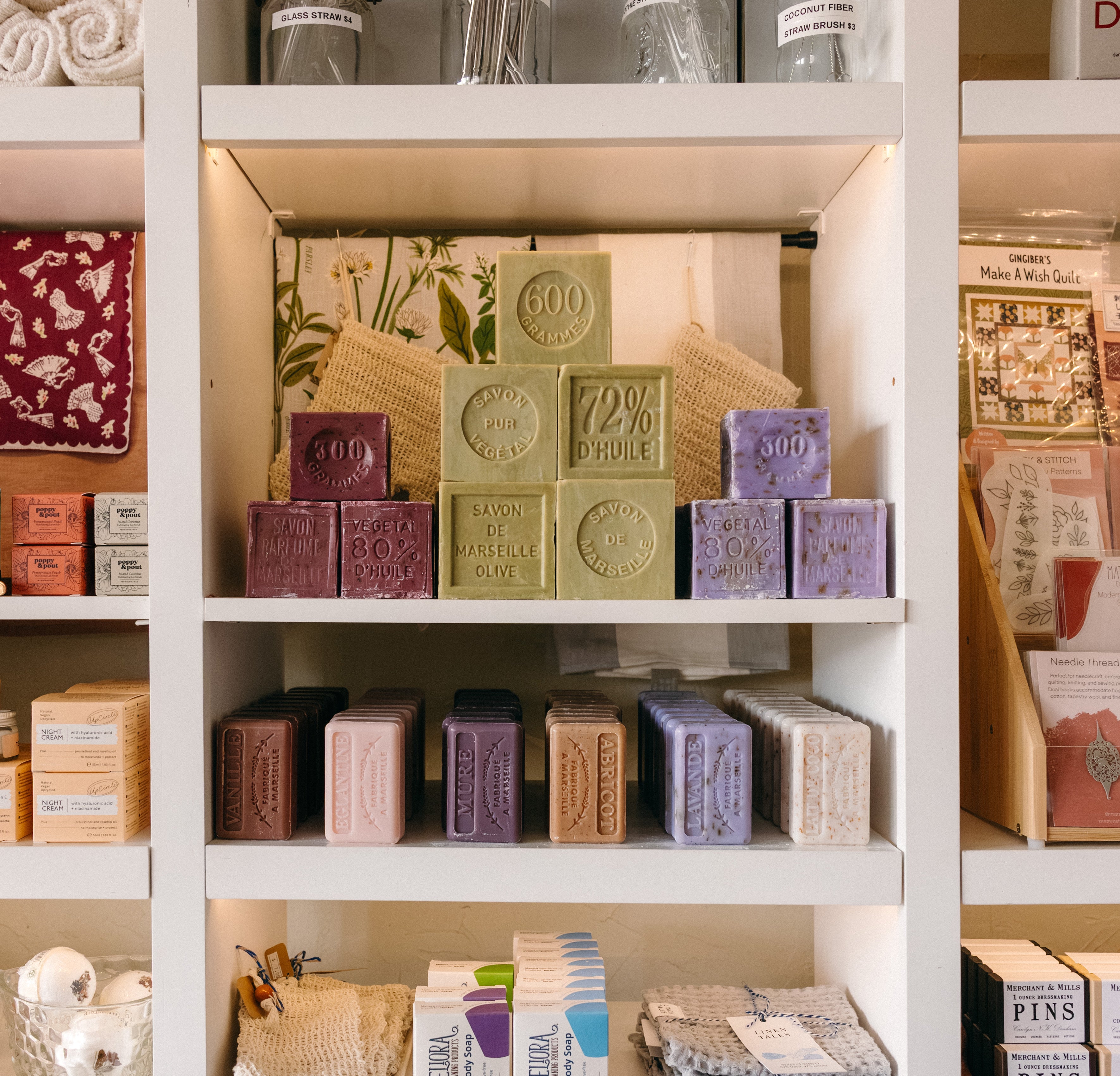 Shelves stocked with various natural French soap bars and bath and body products inside Springfield Mercantile Co. in Springfield, Missouri.

Description: Categories image promoting Bath & Body goods on the Springfield Mercantile Co. homepage. 
Keywords: Springfield Mercantile Co., bath and body, categories section, online shop, Shopify