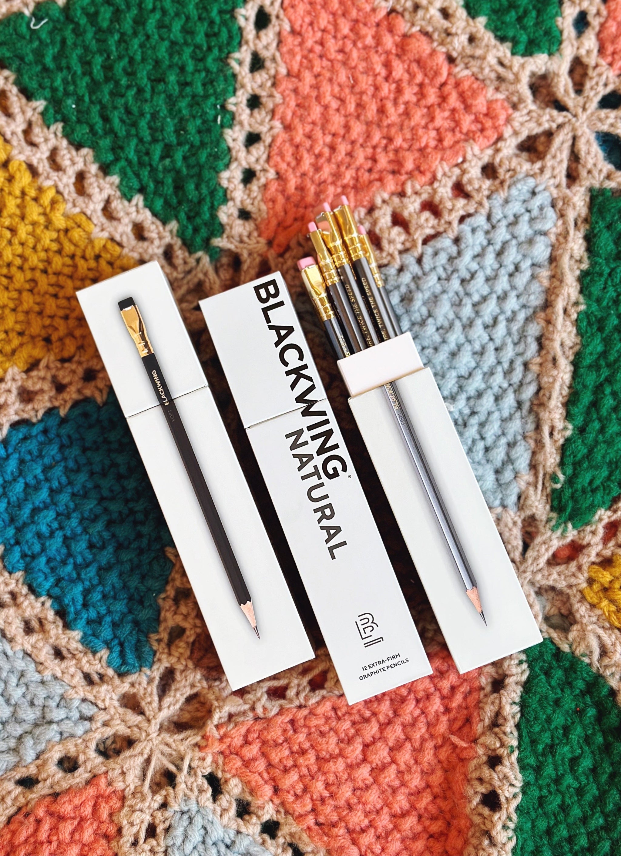 Blackwing Natural pencils with packaging on a colorful crochet background.

Description: Special collections image promoting Featured Faves on the Springfield Mercantile Co. homepage. 
Keywords: Springfield Mercantile Co., featured faves, collections section, online store, Shopify
