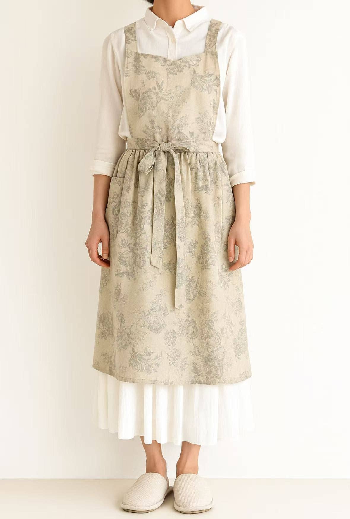Linen Floral Apron- Light Grey