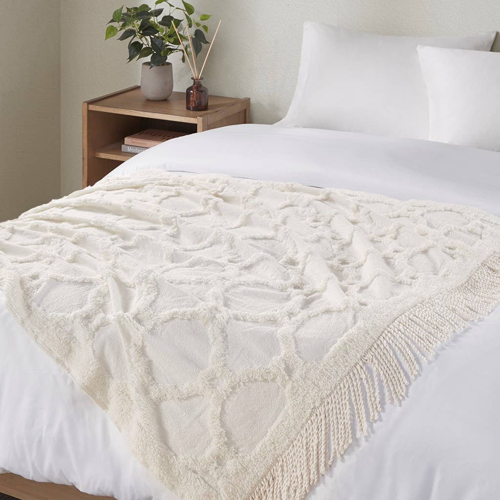 Fringed Tufted Throw Blanket, Moroccan Geometric, White