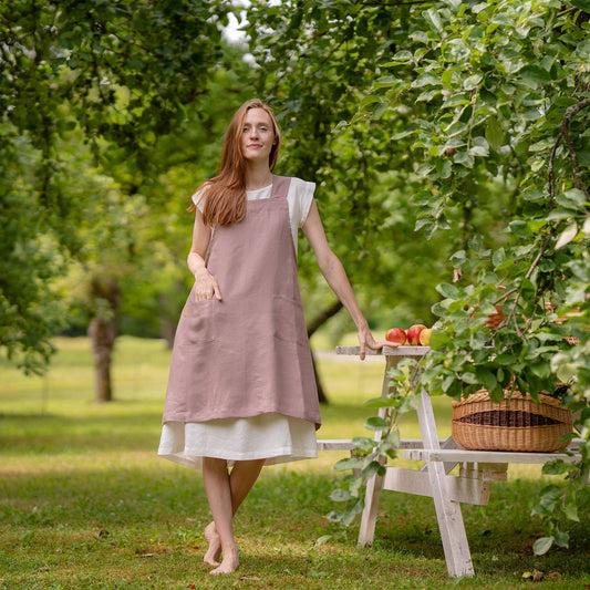 Linen Cross-Back Apron- Faded Rose