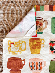 Vintage Coffee Mugs Linen Cotton Tea Towel