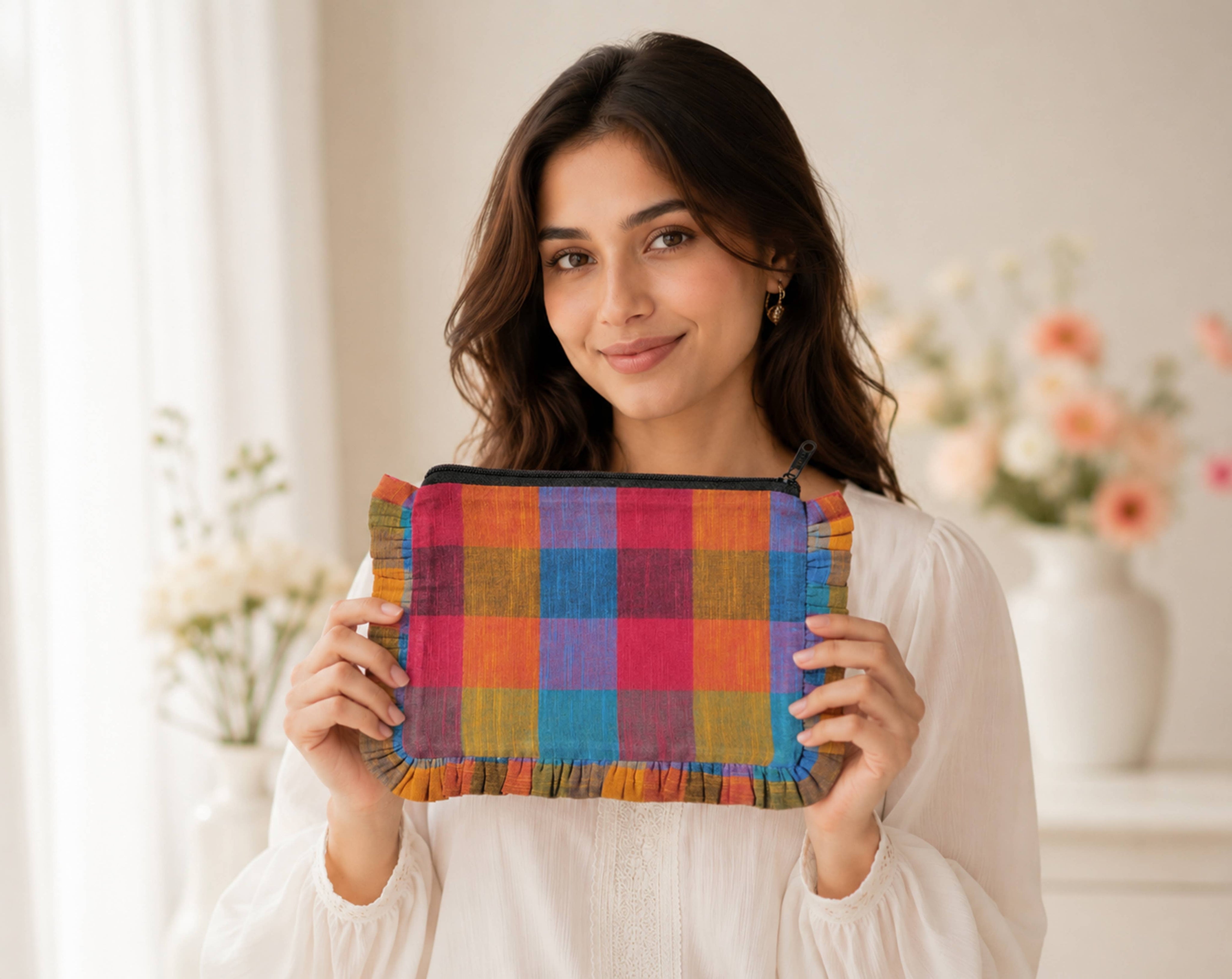 Assorted Madras Check Print Canvas Pouch