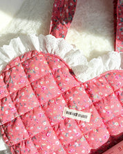 Romance Reader Red Quilted Heart Tote Bag with Ruffled Lace Trimming